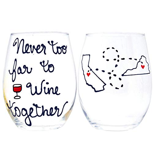 Never too Far to Wine Together Quote - Personalized Long Distance Wine Glass with States and Countries, Friendship Gift, Custom Personalized Long Distance Friendship Gift Never too Far to Wine Together Quote - Personalized Long Distance Wine Glass with States and Countries, Friendship Gift, Custom Personalized Long Distance Friendship Gift