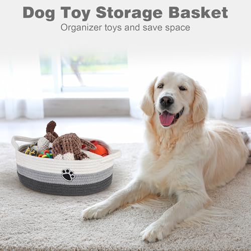 Image of Optish Dog Toy Basket, Toy Box and Bin for Dog Cat Storage, 13.5 inch X 11 inch X 5 inch Small Woven Rope Basket for Baby Storage, Closet, Living Room, White & Grey