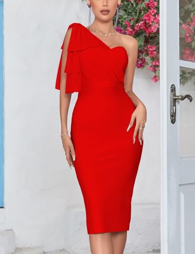 Image of houstil Women's One Shoulder Cocktail Bandage Dress Midi Party Mesh Bow Bodycon Wedding Guest Dresses