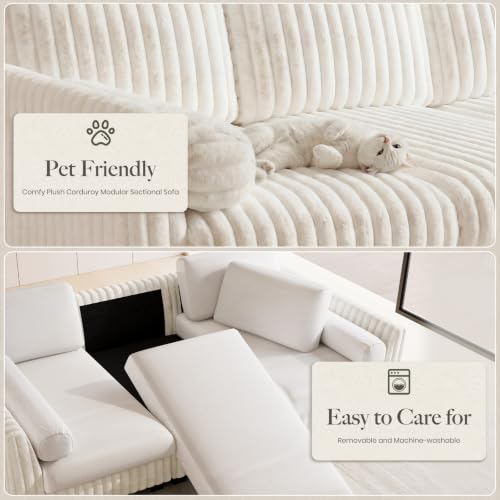 Image of Belffin Oversized Cloud Deep Seat Sectional Sleeper Sofa Bed Corduroy Couch. Beige Couch