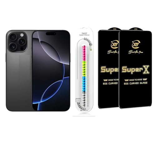 Image of Edge To Edge Tempered Glass Screen Protector Compatible With iPhone 16 Pro Max, 9H Hardness, Anti-Fingerprint, FHD Clear With Cable Protector Pack 2