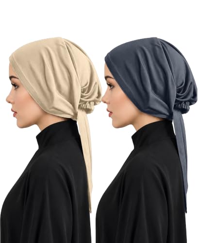 Image of Mehar Women's Hair Ponytail Cap Set of 2 | Soft Stretchable Polyester Hijab Inner Cap | Adjustable Tie-Back | Scarf & Helmet Inner | One Size Fits All