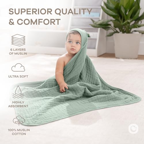 Image of Comfy Cubs Hooded Baby Towel 2-Pack, Large 32 x 32 Inch - 6 Layer 100% Muslin Cotton for Babies, Toddlers and Kids - Soft & Absorbent Baby Bath Towels - Unisex Design for Bath Time - Fern