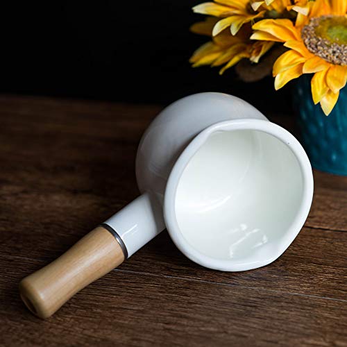 Foto von JMAHM Milchpfanne Kleine Milchkanne Tee Kaffee Ei Kochtopf Emaille Holzgriff Babynahrungsergänzungstopf Easy Clean Emaille Suppentopf
