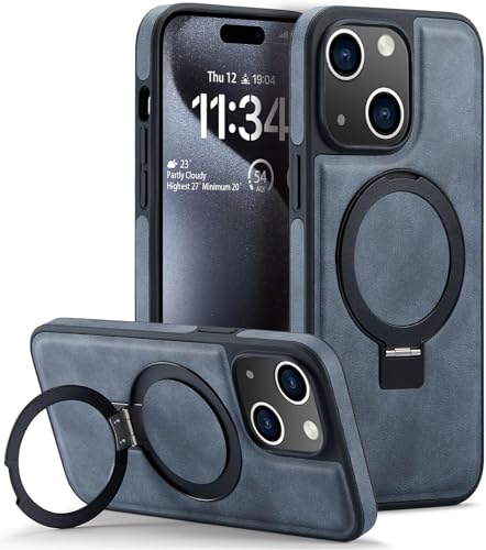 Coque cuir iPhone 15 Plus MagSafe chic avec support invisible bleu pour homme d'affaires