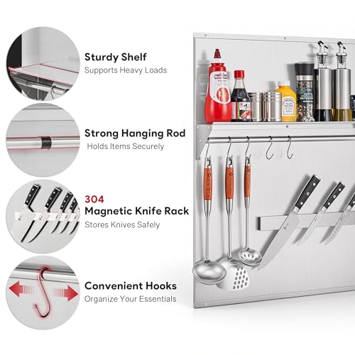 Image of Wilprep Range Backsplash, 24 inchx30 inch Stainless Steel Backsplash with Storage Shelf & Magnetic Knife Rack, Range Hood Stainless Steel Backsplash for Stove, Range Hood Wall Shield with Pre-Drilled Holes