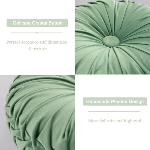 Image of HIG Set of 2 Decorative Round Pleated Throw Pillows, Classy Accent Pumpkin Throw Pillows with Center Button, Vintage Velvet Floor Pillows for Sofa Vanity Chair Bed, Sage, 14.5 inch Diameter(Ripple)