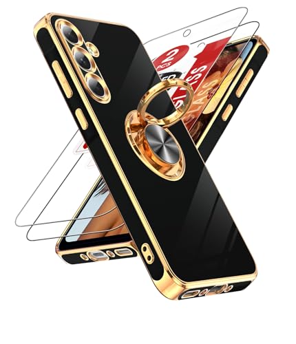 LeYi for Samsung Galaxy A35 5G Case: with Tempered Glass Screen Protector [2 Pack] 360° Rotatable Ring Holder Magnetic Kickstand, Plating Rose Gold Edge Samsung A35 5G Case, Black