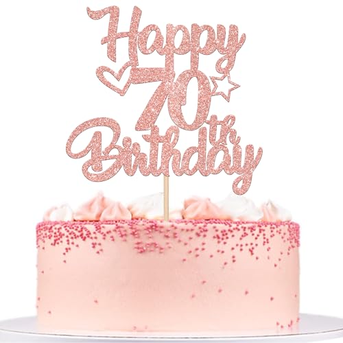1 Pack Happy 70th Birthday Cake Topper Glitter Heart Star 70 Fabulous Cake Pick Birthday Sign Cake Decorations for Children 70th Birthday Theme Party Supplies Rose Gold