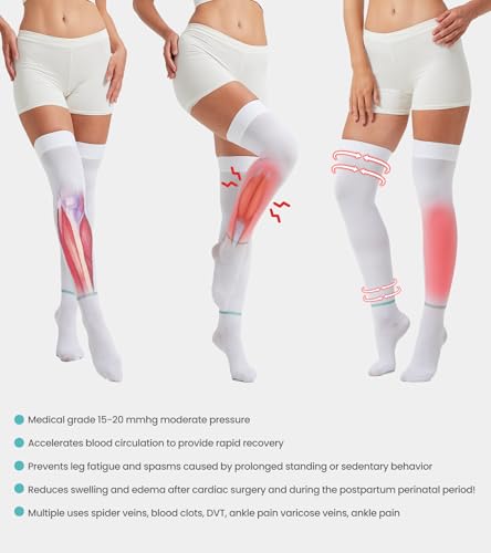 Image of Anti Embolism Compression Stockings 15-20mmHg, Medical Grade White Support Hose with Non-Slip Silicone, Thigh High TED Hose Socks for Post-Surgery Recovery, Bedridden Patients, DVT Prevention, L