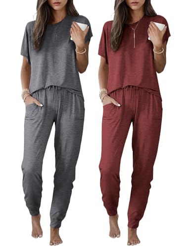 Ekouaer 2 Pack Womens Pajama Short Sleeve Jogger Pants Pjs Lounge Set