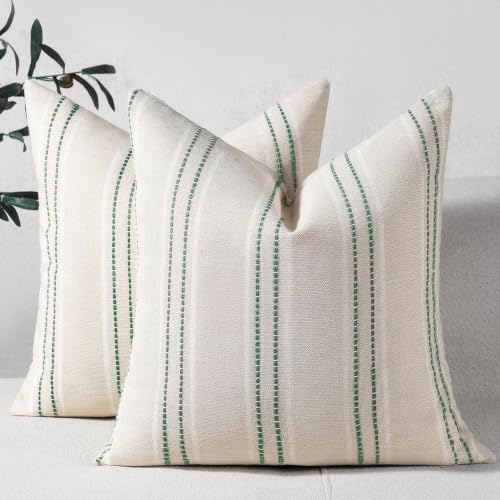 Image of Hckot Stripe Throw Pillow Covers 26x26 Large Square Dark Green Pillow Cover | Farmhouse Decorative Pillows Textured Linen Euro Sham Cushion Covers for Sofa Couch Bed Living Room Decor