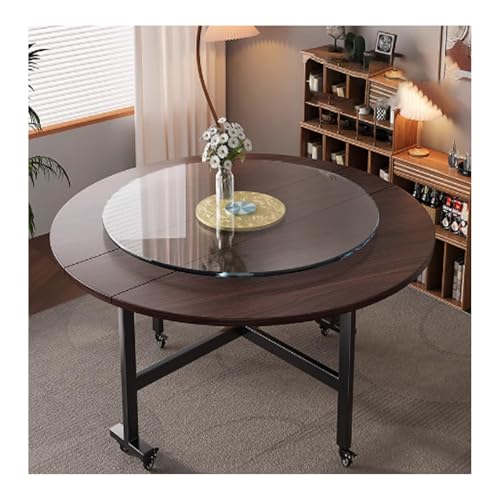 Mesa de comedor redonda extensible de nogal con ruedas, 100 cm, mesa plegable para reuniones en casa, perfecta para espacios pequeños y fiestas