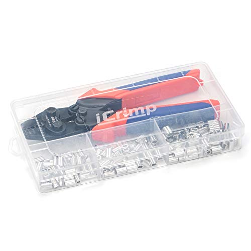 iCrimp Juego de herramientas de cuerda de alambre para mangas ovaladas de aluminio y bucles de parada, barandilla de cables, cuerda de cuerda de alambre y corte con 150 fundas de aluminio