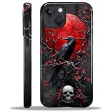 MQJCYB Case for iPhone 14 13, Hybrid Heavy Duty 2 in 1 Full Body Rugged Shockproof Protection Glossy Case for iPhone 14 13 - Red and Black Raven Skeleton