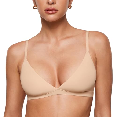 INLYRIC Women's Inbarely Triangle Bralette Plunge Unlined Seamless Bra No Underwire Sexy Comfortable Everyday Beige Medium