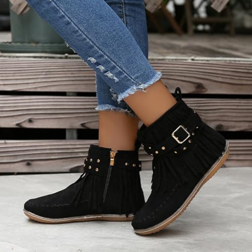Women's Casual Vintage Fringe Boots Lightweight Comfy Suede High Top Booties Casual Short Booties Side Zip Flat Winter Boot3