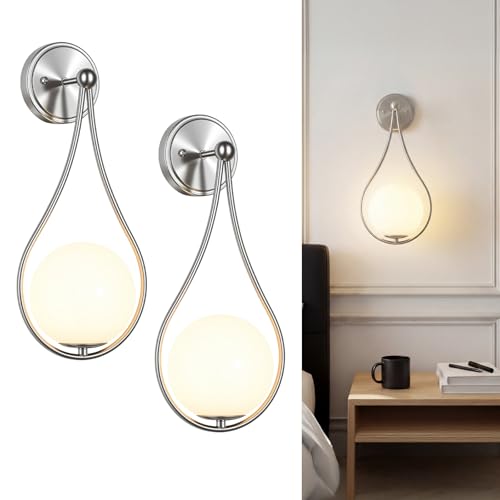 Image of Mid-Century Wall Sconces Set of 2 Brushed Nickel | Modern Globe Wall Lighting Indoor Hardwired Wall Lights for Hallway Office Porch Bedroom Living Room Stairway