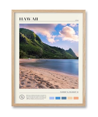 HesenDot Natural OAK Wood Hawaii Framed Wall Art,12x16in Makana Mountain Natural Scenery Canvas Wall Print,Classic Urban City Landmark Wall Decor for Living Room,Bedroom,Office Gallery Gifts Set of 1
