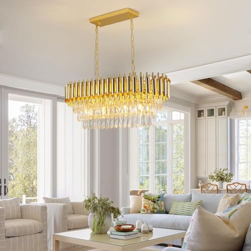 Image of Luxurious 800X300mm Gold Modern Chandelier with K9 Crystals | Warm White, Moonlight & Golden Light | Ceiling Hanging Light for Living Room, Dining Room, Bedroom, Hallway
