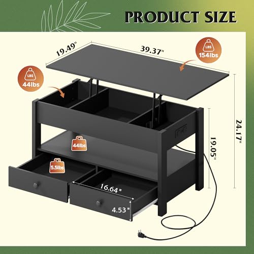 Image of WLIVE Lift Top Coffee Table with 2 Drawers Storage, LED Light, Black | Mid Century Modern Wooden Coffee Table, for Dining /Living Rooms /Offices; 39.4 inchW x 19.5 inchD x 19.1 inchH