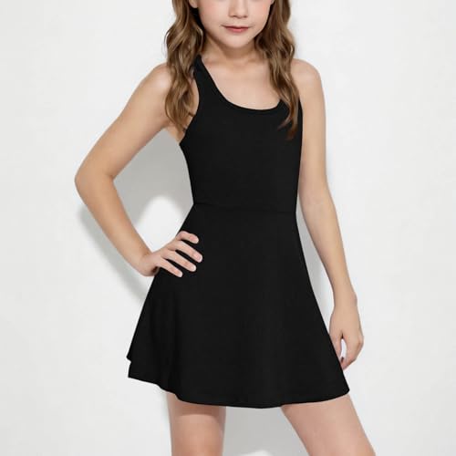 Lightning Deals of The Day Girls Sleeveless Tennis Dress Kids Summer Racerback Golf School Sports Mini Dresses with Shorts Pockets Solid Color Comfy Soft Breathable Everyday Wear #01Black 12-13 Years - Image 2