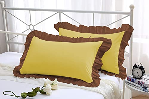 Image of YRM Bedding's Ruffle Beautiful Pillow Cover | Super Soft Elegant Premium Microfiber Frill Pillow Cover Set of 2 (17 inchx27 inch Inches) (Gold /Chocolate Brown)