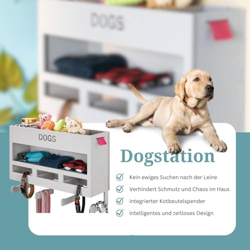 INEXTERIOR Hundegarderobe XXL - aus Holz - Handgefertigt in Deutschland - Mit großer Ablage und Kotbeutelspender - Garderobe für Hundeleinen (Grau)