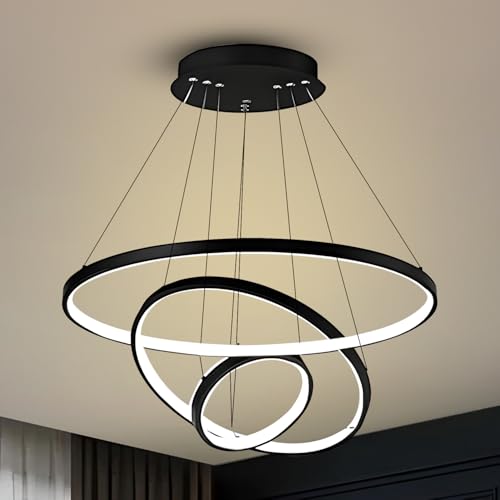 Image of Smartway - Three Ring 106 Watt Modern LED Ceiling Chandelier | Google & Alexa Voice Assist | App Control | 3 Color Modes | Black Luxury Chandelier for Living Room, Bedroom, Dining & Hall