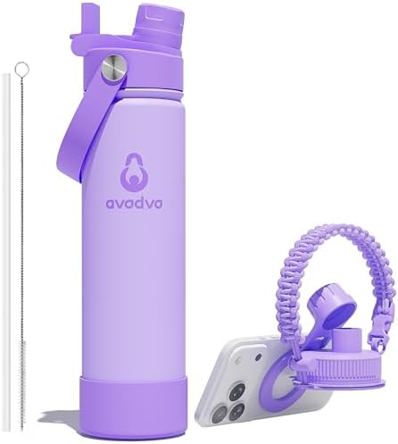Insulated Water Bottle with Strap, 20 oz Water Bottle with Magnetic Lid & 2-in-1 Straw and Spout Lid, Stainless Steel Water Bottles with Straw for Gym, Hiking, Travel, BPA-Free, Purple