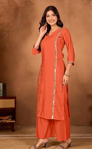 Image of Women Straight-Cut Kurta Pant Set with Subtle Golden Lace Embellishment | Elegant Ethnic Wear for Festive, Office & Casual Use