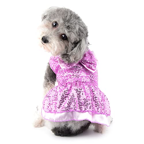 Ranphy Dog Dress For Small Dogs Girl Puppy Sleeveless Clothes Pet Cute Sequins Bowknot Skirt Doggy Spring Summer Outfit With D-Ring Cats Apparel, Purple, L #TOP3