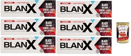 BlanX Dentifricio Black Volcano 6 x 75 ml, pasta de dientes con cenizas y cenizas isleñas y volcánicas, apto para veganos y antibacterianas + Polpa italiana Gourmet 400 g