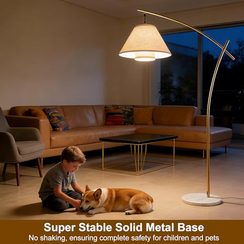 Image of Lightdot Arc Floor Lamp for Living Room, Modern Standing Tall Lamps with Double Linen Lampshade, Tall Hanging Pole Lamp with Bulb Included for Bedroom Sofa Beside /Corner Decor - Gold