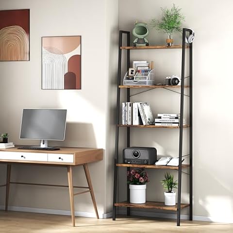 ZERDER 5 Tier Bookshelf,Ladder Shelf, Bookcase with Shelves and 2 Hooks, Storage Rack Organizer, Corner Wood Storage Shelf with Metal Frame (Rustic Brown) Cover