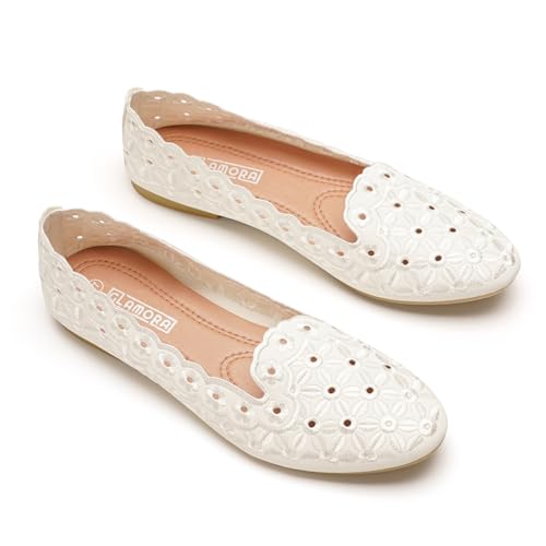 GLAMORA Bailarinas Mujer Manoletinas Caladas Puntera Estilizada Zapatos Planos Bordado Floral Elegantes Transpirables Comodos Primavera Verano white-40
