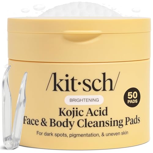 Kitsch Kojic Acid Cleansing Pads with Turmeric & Cica to Smooth Refresh & Even Tone Skin Care Exfoliating & Brightening Pre-Soaked Cotton Pads for Face and Body 50 count