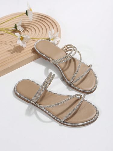 Gorglitter Glitter Sandals Sparkly Flat Sandals Rhinestone Open Toe Slide Dressy Shoes Apricot Rhinestone 7 thumb #3