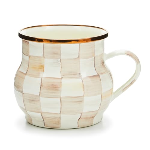 Image of MACKENZIE-CHILDS Enamel Mug, 16 Ounces, Brown-and-White Mocha Check