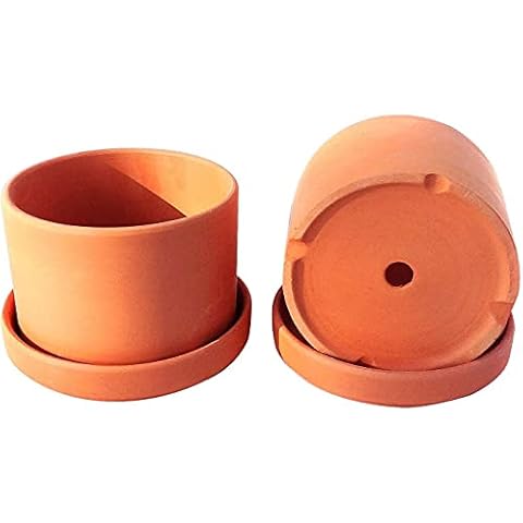 Set of 3 Natural Terra Cotta Round Fat Walled Garden Planters with Individual Trays. Indoor or Outdoor Use Cover