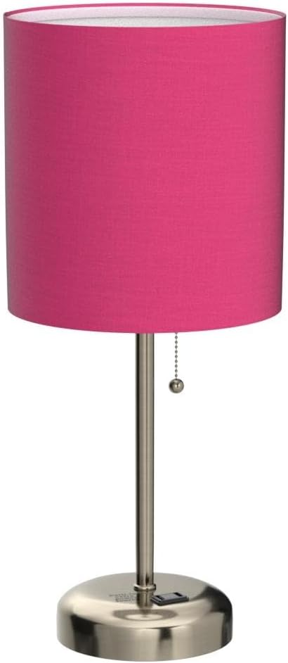 Simple Designs LT2024-PNK Brushed Steel Stick Table Desk Lamp with Charging Outlet and Drum Fabric Shade, Pink