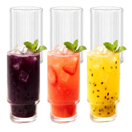 KIXINY Gläser Set 6 gerippte Trinkgläser, 470ml Vintage-Gläser, Highball-Gläser, Premium-Eiskaffee-Gläsers, klare Glastumbler, Cocktailgläser, elegante Gläsers für Wasser, Saft, Whisky und Bier