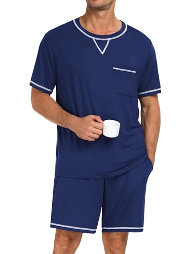 Image of SWOMOG Mens Pajamas Set Summer Sleepwear Short Sleeve Pjs Set Soft 2 Piece Lounge Set Comfy Loungewear with Pockets