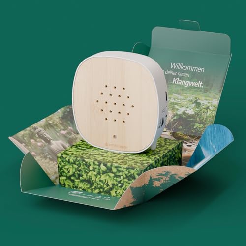 ambiamor Klangbox frei bespielbar mit Speicherkarte - vorinstallierte Natursounds und Chillhop (Ambiente-Musik); Bewegungsmelder-Box wiederaufladbar mit 26 Styles + 39 Sounds