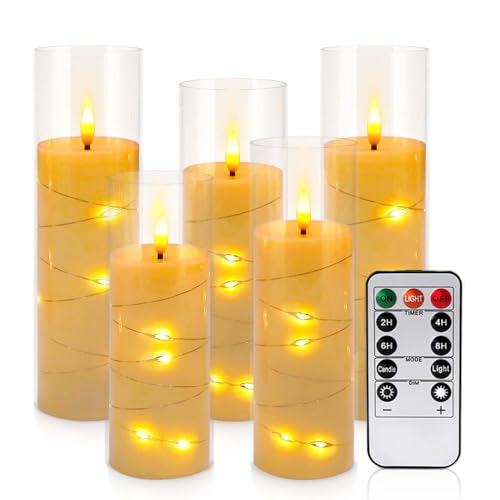 Image of Pack of 5 (D2.2 X H 5 inch 6 inch 7 inch) Ivory Flickering Flameless Candles Battery Operated with Remote, LED Pillar Candles with Realistic Moving Wick for Halloween, Christmas, Home Decor.