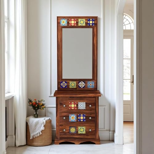 Image of Solid Sheesham Wood Dressing Table for Bedroom, Dressing Cabinet, Makeup Desk with Storge Organiz 3 Spacious Drawer, Vanity Table for Living & Bed, Apparel Room Honey Matt Finish