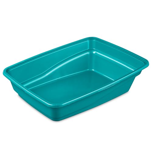 Sterilite Large Cat Litter Pan, High Sides and Low Entry for Easy Access, Plastic, Teal, 6-Pack