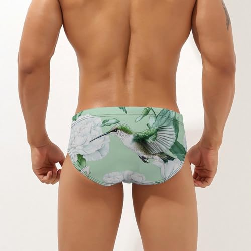 Hummingbird White Carnation Flowers Printed Swim Briefs for Men Sexy Bikini Swimwear Elastic Beach Trunks Bathing Suit3