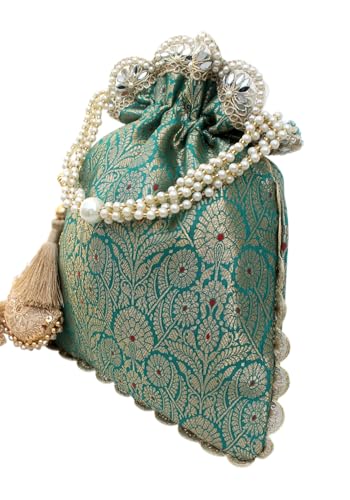 Image of MILAN'S CREATION Pure Banarasi Potli Silk Brocade Bag Purse Drawstring Women's handbag with Pearl Handle & Tassel Weddings