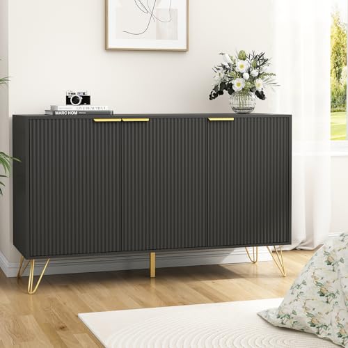 Sscaktu 47.2\" Large Sideboard Buffet Cabinet with Storage, Storage Cabinet with 3 Fluted Doors, Modern Accent Cabinet TV Stand Console with Adjustable Shelves for Living Room, Kitchen, Entryway, Black